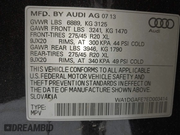 2014 Audi Q7 S line Prestige with VIN WA1DGAFE7ED003414, listed as a IAAI auction lot 41425048 with 91,664 mi miles and . Bid and sale history available at DreamBid. Image 9.