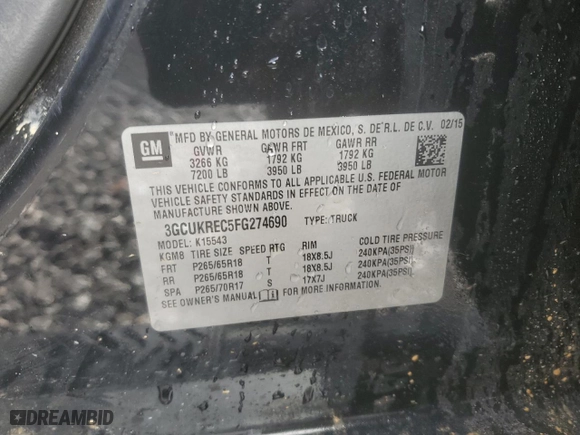 2015 Chevrolet Silverado 1500 LT with VIN 3GCUKREC5FG274690, listed as a Copart auction lot 46351515 with 142,650 mi miles and Salvage Title. Bid and sale history available at carsss.com. Image 12.