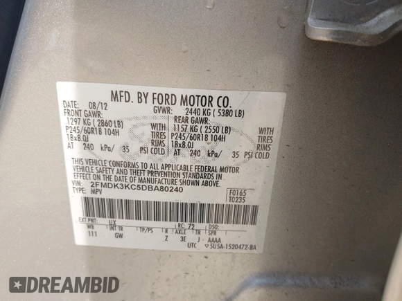2013 Ford Edge Limited with VIN 2FMDK3KC5DBA80240, listed as a IAAI auction lot 42047193 with 242,413 mi miles. Bid and sale history available at carsss.com. Image 9.