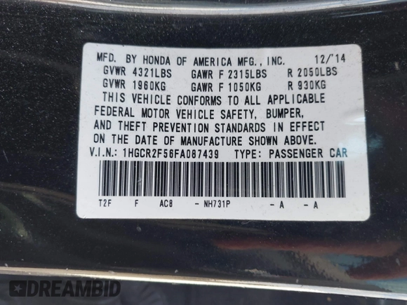 2015 Honda Accord Sport with VIN 1HGCR2F56FA087439, listed as a IAAI auction lot 40940527 with 295,777 mi miles and . Bid and sale history available at DreamBid. Image 9.