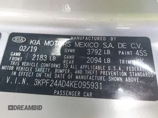 2019 Kia Forte LXS z VIN 3KPF24AD4KE095931, wystawiony jako IAAI lot #41641168 z przebiegiem 88 384 mil mil oraz . Historia ofert i sprzedaży dostępna na DreamBid. Obrazek 9.