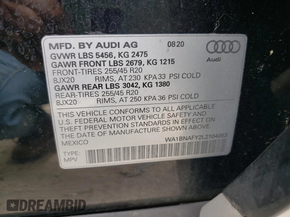 2020 Audi Q5 Premium Plus with VIN WA1BNAFY2L2104053, listed as a Copart auction lot 53762532 with 20,405 mi miles. Bid and sale history available at carsss.com. Image 10.