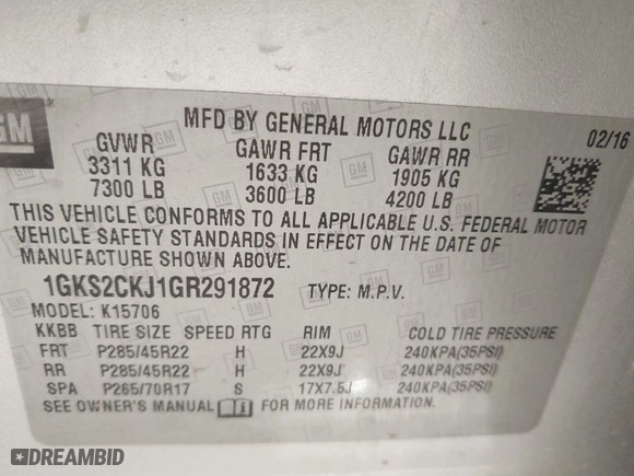 2016 GMC Yukon Denali with VIN 1GKS2CKJ1GR291872, listed as a IAAI auction lot 41169434 with 137,009 mi miles. Bid and sale history available at carsss.com. Image 9.
