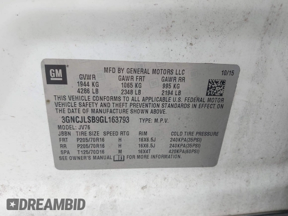 2016 Chevrolet Trax LT z VIN 3GNCJLSB9GL163793, wystawiony jako IAAI lot #42108040 z przebiegiem 263 074 mil mil oraz . Historia ofert i sprzedaży dostępna na DreamBid. Obrazek 9.
