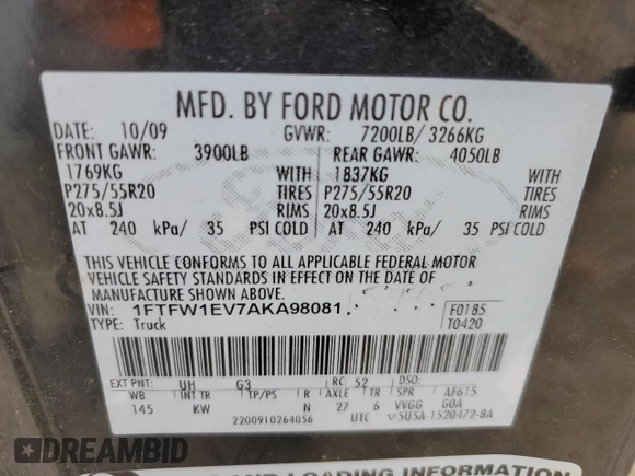 2010 Ford F-150 XL with VIN 1FTFW1EV7AKA98081, listed as a Copart auction lot 58248075 with 262,250 mi miles and Salvage title. Bid and sale history available at DreamBid. Image 12.