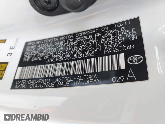 2012 Scion tC with VIN JTKJF5C70C3031365, listed as a IAAI auction lot 41607290 with 241,183 mi miles. Bid and sale history available at carsss.com. Image 9.