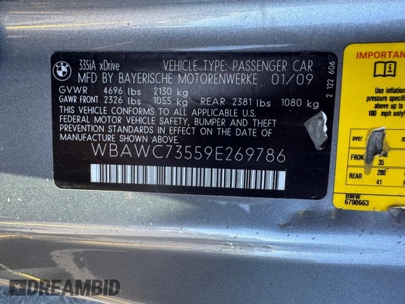2009 BMW 3 Series 335i xDrive with VIN WBAWC73559E269786, listed as a Copart auction lot 56333585 with 113,363 mi miles and Clean Title. Bid and sale history available at DreamBid. Image 10.