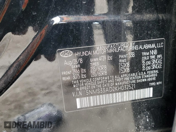 2019 Hyundai Santa Fe SEL Plus z VIN 5NMS33AD2KH032521, wystawiony jako Copart lot #88968355 z przebiegiem 95 784 mil mil oraz Szkoda całkowita • Salvage title. Historia ofert i sprzedaży dostępna na DreamBid. Obrazek 14.