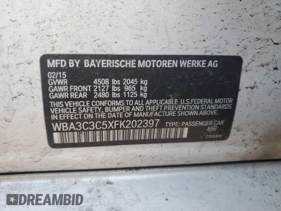 2015 BMW 3 Series 320i xDrive with VIN WBA3C3C5XFK202397, listed as a Copart auction lot 47146625 with 73,030 mi miles and Salvage Title. Bid and sale history available at carsss.com. Image 14.