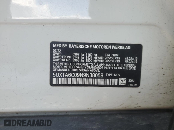 2022 BMW X5 xDrive45e with VIN 5UXTA6C09N9N38058, listed as a Copart auction lot 44401455 with 0 mi miles and Salvage Title. Bid and sale history available at carsss.com. Image 13.