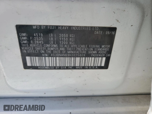 2017 Subaru Legacy Limited with VIN 4S3BNAN69H3025809, listed as a Copart auction lot 61053325 with 86,690 mi miles and Salvage title. Bid and sale history available at DreamBid. Image 12.