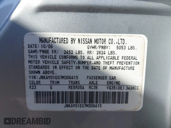 2007 Infiniti M Sport with VIN JNKAY01E07M306415, listed as a IAAI auction lot 41766429 with 137,714 mi miles. Bid and sale history available at carsss.com. Image 9.