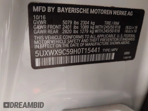 2017 BMW X3 xDrive28i z VIN 5UXWX9C59H0T15441, wystawiony jako IAAI lot #42042589 z przebiegiem 141 484 mil mil oraz . Historia ofert i sprzedaży dostępna na DreamBid. Obrazek 9.