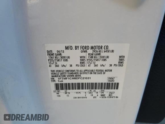 2013 Ford F-150 XL with VIN 1FTMF1CM8DFC21031, listed as a Copart auction lot 83621154 with 83,602 mi miles and Salvage Title. Bid and sale history available at carsss.com. Image 12.