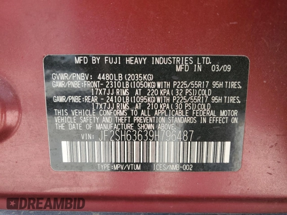 2009 Subaru Forester X with VIN JF2SH63639H796487, listed as a Copart auction lot 58366505 with 79,518 mi miles and Salvage title. Bid and sale history available at DreamBid. Image 13.