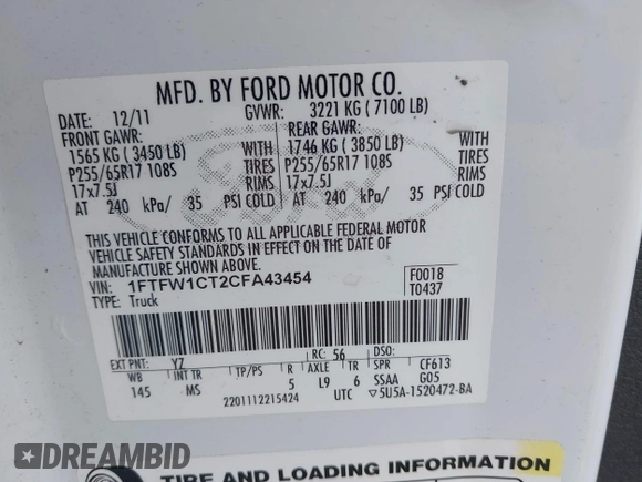 2012 Ford F-150 XL with VIN 1FTFW1CT2CFA43454, listed as a IAAI auction lot 41902293 with 236,605 mi miles. Bid and sale history available at carsss.com. Image 9.