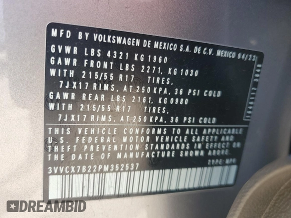 2023 Volkswagen Taos S z VIN 3VVCX7B22PM352537, wystawiony jako Copart lot #46912625 z przebiegiem 13 514 mil mil oraz Szkoda całkowita • Salvage title. Historia ofert i sprzedaży dostępna na DreamBid. Obrazek 14.
