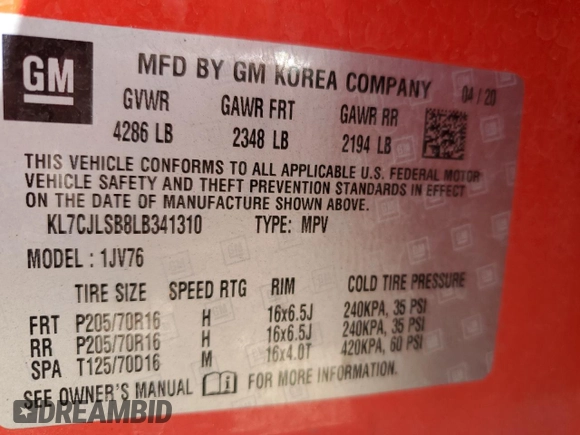 2020 Chevrolet Trax LT with VIN KL7CJLSB8LB341310, listed as a Copart auction lot 54526605 with 99,761 mi miles and Clean Title. Bid and sale history available at DreamBid. Image 12.