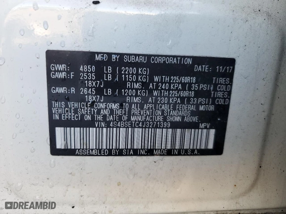 2018 Subaru Outback Touring with VIN 4S4BSETC4J3271399, listed as a Copart auction lot 76498434 with 129,889 mi miles and Salvage Title. Bid and sale history available at carsss.com. Image 14.