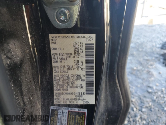 2022 Nissan Frontier S with VIN 1N6ED1CM6NN664518, listed as a Copart auction lot 46261135 with 55,980 mi miles and Clean title. Bid and sale history available at DreamBid. Image 14.