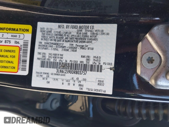 2013 Lincoln MKZ с VIN 3LN6L2J90DR803757, выставлен на аукционе IAAI как лот 42255453 с пробегом 56 641 миль миль и . История ставок и продаж доступна на DreamBid. Изображение 9.