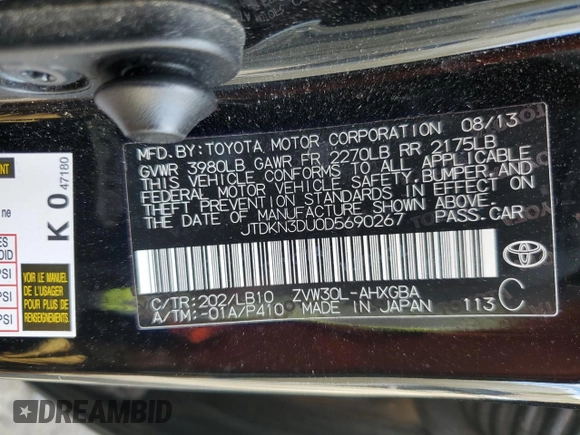 2013 Toyota Prius One with VIN JTDKN3DU0D5690267, listed as a Copart auction lot 48212305 with 142,605 mi miles and Salvage Title. Bid and sale history available at carsss.com. Image 13.