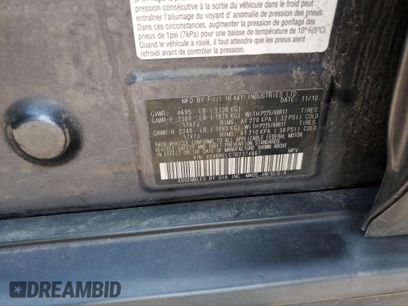 2011 Subaru Outback Limited Power Moon with VIN 4S4BRELC7B2374867, listed as a Copart auction lot 62168665 with 186,179 mi miles and Clean title. Bid and sale history available at DreamBid. Image 12.