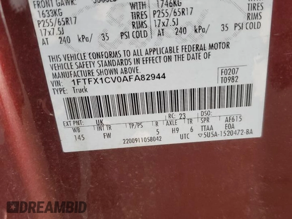 2010 Ford F-150 XL with VIN 1FTFX1CV0AFA82944, listed as a Copart auction lot 62912345 with 104,967 mi miles and Salvage title. Bid and sale history available at DreamBid. Image 12.