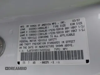 2007 Acura RDX Technology with VIN 5J8TB18517A020244, listed as a IAAI auction lot 42313340 with 148,316 mi miles and . Bid and sale history available at DreamBid. Image 9.