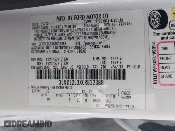 2012 Lincoln MKZ Hybrid with VIN 3LNDL2L3XCR832388, listed as a IAAI auction lot 42065660 with 196,940 mi miles and . Bid and sale history available at DreamBid. Image 9.