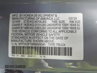 2024 Honda Ridgeline Sport with VIN 5FPYK3F18RB009341, listed as a IAAI auction lot 42159102 with 17,007 mi miles and . Bid and sale history available at DreamBid. Image 9.