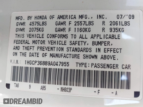 2009 Honda Accord EX-L with VIN 1HGCP36889A047955, listed as a IAAI auction lot 41777326 with 80,312 mi miles and . Bid and sale history available at DreamBid. Image 9.