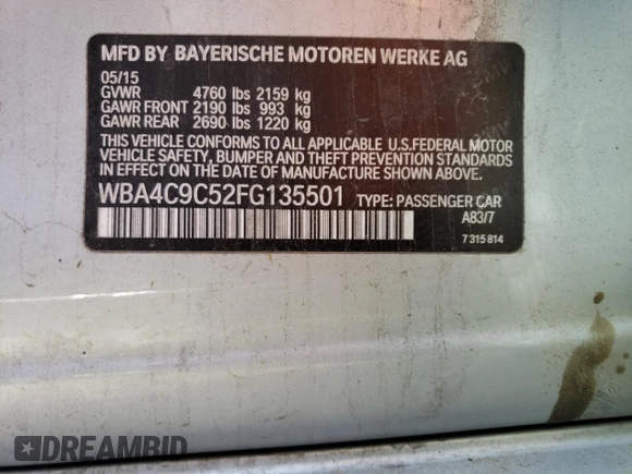 2015 BMW 4 Series 428i xDrive with VIN WBA4C9C52FG135501, listed as a Copart auction lot 51219774 with 104,333 mi miles and Salvage Title. Bid and sale history available at DreamBid. Image 12.