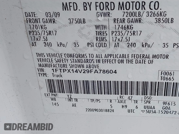 2009 Ford F-150 XL with VIN 1FTPX14V29FA78604, listed as a IAAI auction lot 41996930 with 250,408 mi miles and . Bid and sale history available at DreamBid. Image 9.