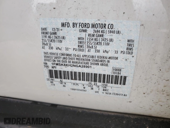 2022 Ford Explorer ST-Line with VIN 1FMSK8KH2NGA28901, listed as a Copart auction lot 48319385 with 51,394 mi miles and Clean title. Bid and sale history available at DreamBid. Image 15.