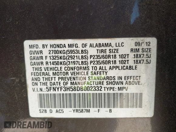 2013 Honda Pilot EX-L с VIN 5FNYF3H58DB002332, выставлен на аукционе IAAI как лот 42086390 с пробегом 107 597 миль миль и . История ставок и продаж доступна на DreamBid. Изображение 9.