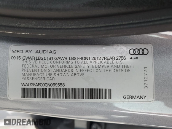2016 Audi A6 Premium Plus with VIN WAUGFAFC0GN069558, listed as a Copart auction lot 57051425 with Not provided miles and Salvage title. Bid and sale history available at DreamBid. Image 13.