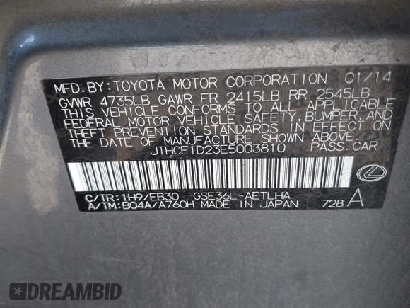 2014 Lexus IS 350 with VIN JTHCE1D23E5003810, listed as a IAAI auction lot 41734940 with 1 mi miles. Bid and sale history available at carsss.com. Image 9.