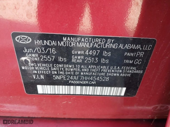 2017 Hyundai Sonata 2.4L with VIN 5NPE24AF7HH454528, listed as a IAAI auction lot 41424923 with 160,558 mi miles. Bid and sale history available at carsss.com. Image 9.