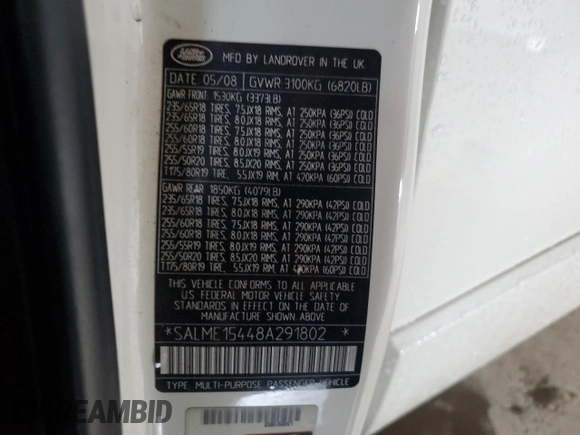 2008 Land Rover Range Rover HSE z VIN SALME15448A291802, wystawiony jako Copart lot #57787525 z przebiegiem 190 683 mil mil oraz Szkoda całkowita • Salvage title. Historia ofert i sprzedaży dostępna na DreamBid. Obrazek 12.