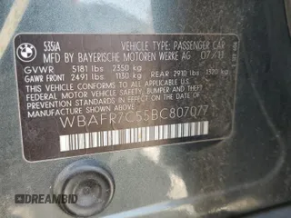 2011 BMW 5 Series 535i z VIN WBAFR7C55BC807077, wystawiony jako Copart lot #55354805 z przebiegiem Nie podano mil oraz Szkody całkowita. Historia ofert i sprzedaży dostępna na DreamBid. Obrazek 12.