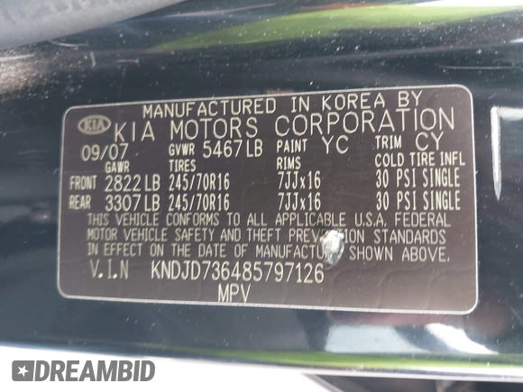 2008 Kia Sorento EX z VIN KNDJD736485797126, wystawiony jako IAAI lot #42253311 z przebiegiem 226 018 mil mil oraz . Historia ofert i sprzedaży dostępna na DreamBid. Obrazek 9.