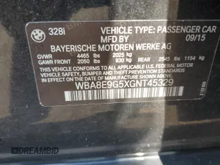 2016 BMW 3 Series 328i with VIN WBA8E9G5XGNT45329, listed as a Copart auction lot 63926275 with 52,085 mi miles and Salvage title. Bid and sale history available at DreamBid. Image 13.