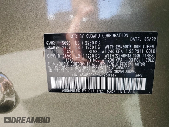 2022 Subaru Outback Limited XT with VIN 4S4BTGND9N3250147, listed as a Copart auction lot 56935445 with 25,191 mi miles and Salvage title. Bid and sale history available at DreamBid. Image 14.