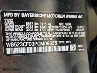 2023 BMW iX xDrive50 with VIN WB523CF03PCM09655, listed as a Copart auction lot 52922124 with 3,159 mi miles. Bid and sale history available at carsss.com. Image 14.