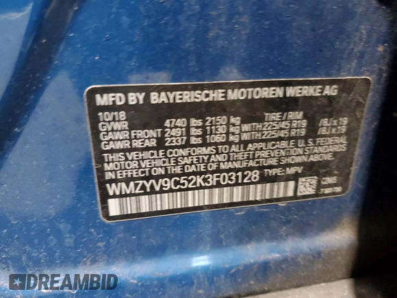 2019 MINI Countryman John Cooper Works with VIN WMZYV9C52K3F03128, listed as a Copart auction lot 79656094 with 58,394 mi miles and Salvage Title. Bid and sale history available at carsss.com. Image 14.