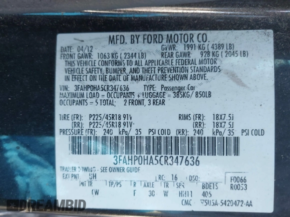 2012 Ford Fusion SE z VIN 3FAHP0HA5CR347636, wystawiony jako IAAI lot #42184462 z przebiegiem 211 804 mil mil oraz . Historia ofert i sprzedaży dostępna na DreamBid. Obrazek 9.