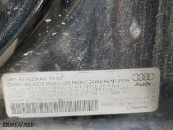 2009 Audi A4 2.0T Prem with VIN WAULF78K79N035951, listed as a Copart auction lot 50756035 with NaN miles and Clean Title. Bid and sale history available at carsss.com. Image 13.