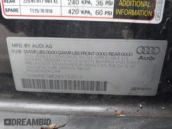 2008 Audi A3 with VIN WAUNF78P28A142013, listed as a IAAI auction lot 42571799 with 183,276 mi miles and . Bid and sale history available at DreamBid. Image 9.