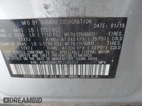 2019 Subaru Outback с VIN 4S4BSABC8K3288427, выставлен на аукционе IAAI как лот 42261344 с пробегом 73 327 миль миль и . История ставок и продаж доступна на DreamBid. Изображение 9.